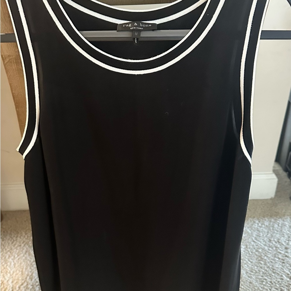 Rag & Bone Silk Blouse Tank Top Contrast Trim Rib Crew Maude Georgette Black